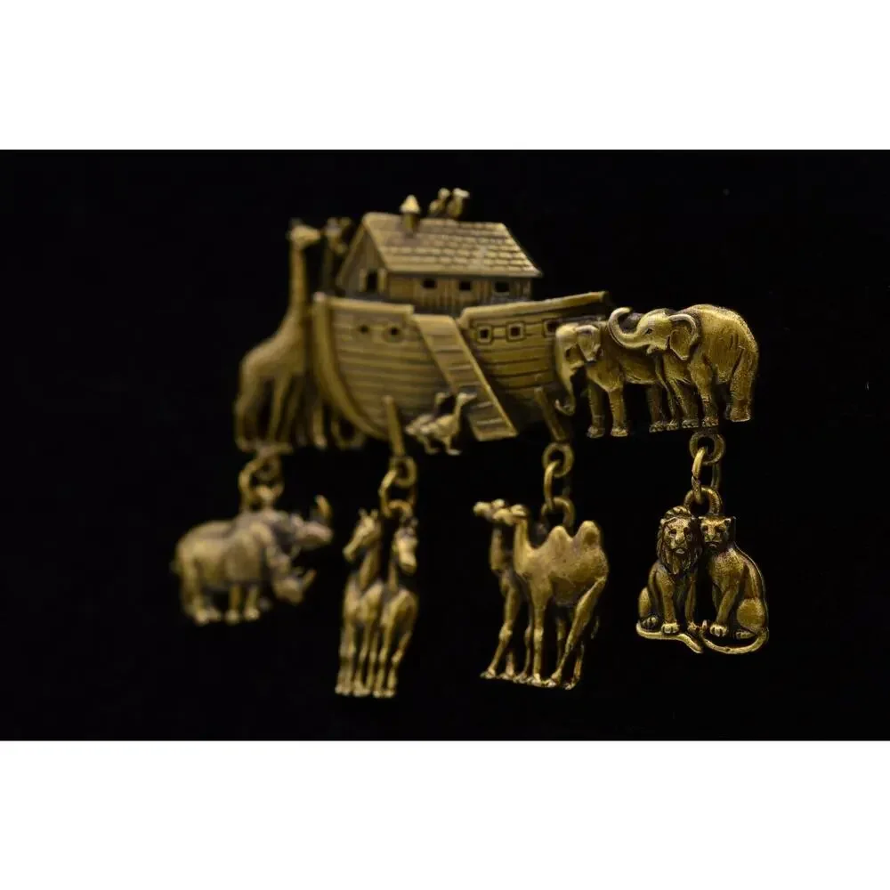 JJ Vintage Noah's Ark Charm Pin Brooch Animal Dangle Brass Signed NOS 80s BinAC
